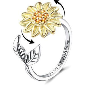 Sterling Silver Sunflower Fidget Ring for Women, You Are My Sunshine Ring
